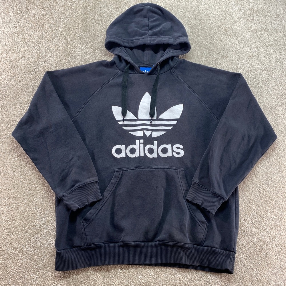 Adidas Sweatshirt Mens Size Large Black Trefoil Logo Hoodie Pullover
